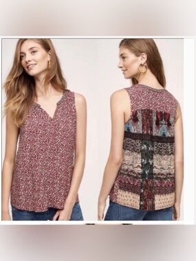 Anthropologie Navy & White SleevelessPrinted Notch Neck Top